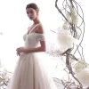 Elegant Champagne Wedding Dresses 2019 A-Line / Princess Off-The-Shoulder Beading Lace Flower Short Sleeve Backless Floor-Length / Long