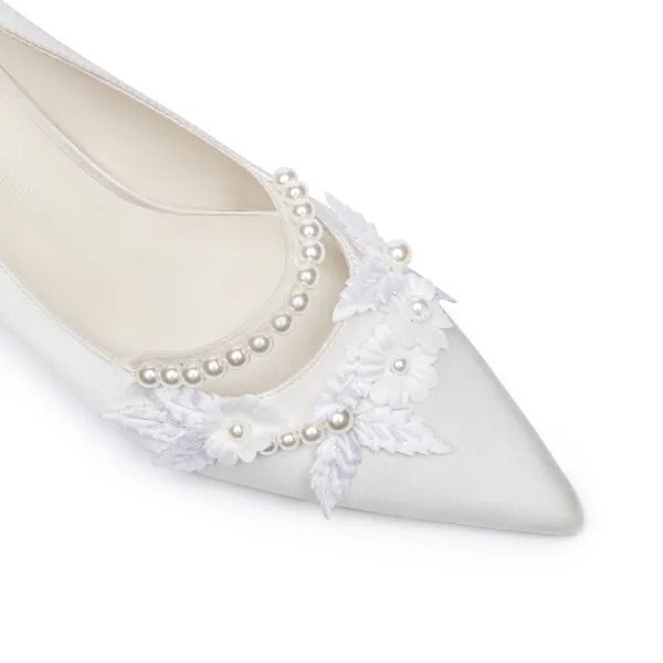 Élégant Ivoire Perle Chaussure De Mariée 2021 Cuir 7 cm Talons Aiguilles À Bout Pointu Mariage Escarpins Talons Hauts