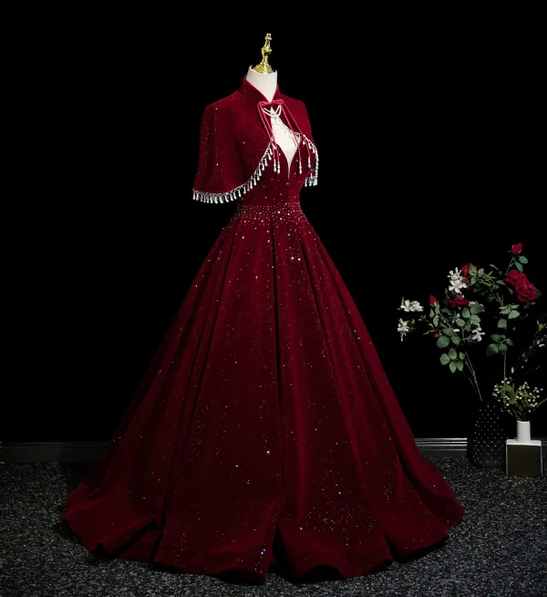 Demure Burgundy Sequins Prom Dresses 2025 A-Line / Princess Spaghetti Straps Sleeveless Backless Floor-Length / Long Formal Dresses