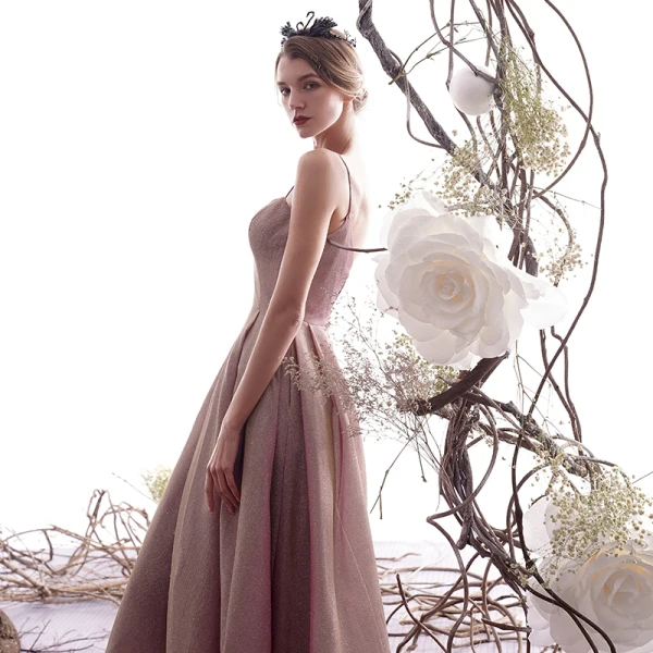 Charming Pearl Pink Starry Sky Evening Dresses 2019 A-Line / Princess Sleeveless Glitter Satin Spaghetti Straps Backless Floor-Length / Long Formal Dresses