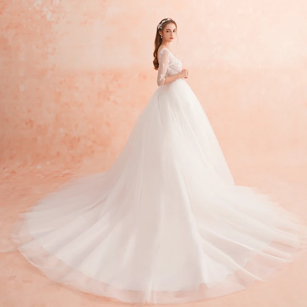 Elegant Ivory Wedding Dresses 2019 A-Line / Princess V-Neck Lace Flower Pearl 3/4 Sleeve Backless Cathedral Train
