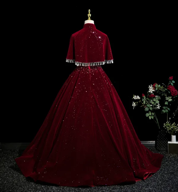 Demure Burgundy Sequins Prom Dresses 2025 A-Line / Princess Spaghetti Straps Sleeveless Backless Floor-Length / Long Formal Dresses