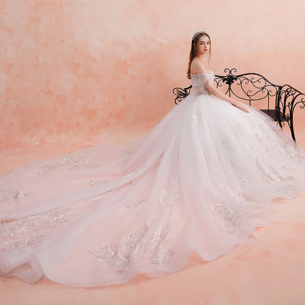 Elegant White Wedding Dresses 2019 A-Line / Princess Off-The-Shoulder Beading Tassel Lace Flower Short Sleeve Backless Royal Train