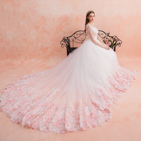 Chic / Belle Blanche Robe De Mariée 2019 Princesse Encolure Dégagée Perlage Gland En Dentelle Fleur Rose Bonbon Appliques Sans Manches Dos Nu Royal Train