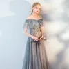Modern / Fashion Grey Lace Flower Evening Dresses  2019 A-Line / Princess Off-The-Shoulder Beading Short Sleeve Backless Floor-Length / Long Formal Dresses