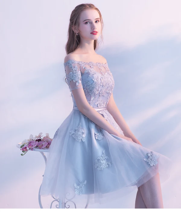 Chic / Beautiful Grey Graduation Dresses 2019 A-Line / Princess Off-The-Shoulder Lace Flower Sash Short Sleeve Backless Knee-Length Formal Dresses