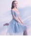 Chic / Beautiful Grey Graduation Dresses 2019 A-Line / Princess Off-The-Shoulder Lace Flower Sash Short Sleeve Backless Knee-Length Formal Dresses