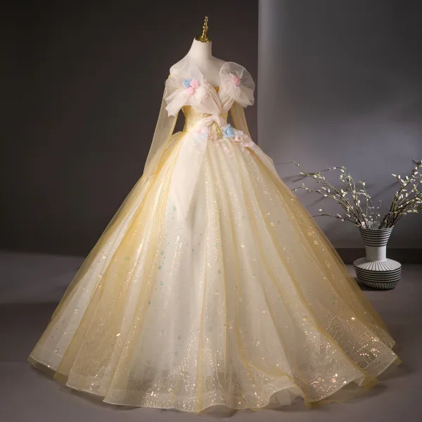 Chic / Beautiful Yellow Appliques Sequins Prom Dresses 2025 Ball Gown Off-The-Shoulder Long Sleeve Backless Floor-Length / Long Prom Formal Dresses