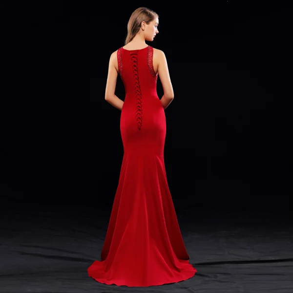 Chic / Beautiful Burgundy Evening Dresses  2019 Trumpet / Mermaid Scoop Neck Beading Sleeveless Sweep Train Formal Dresses