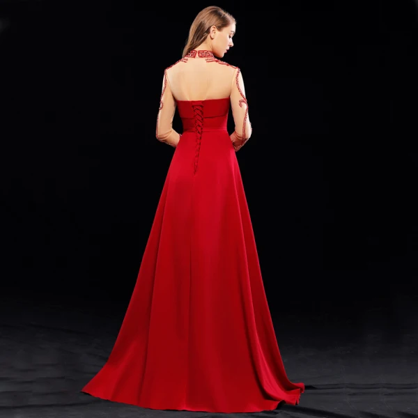 Chic / Belle Bordeaux Robe De Soirée 2019 Princesse Col Haut Perlage Cristal 3/4 Manches Dos Nu Train De Balayage Robe De Ceremonie