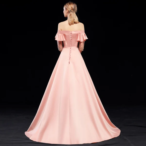 Modest / Simple Pearl Pink Evening Dresses 2019 A-Line / Princess Off-The-Shoulder Sash Short Sleeve Backless Sweep Train Formal Dresses