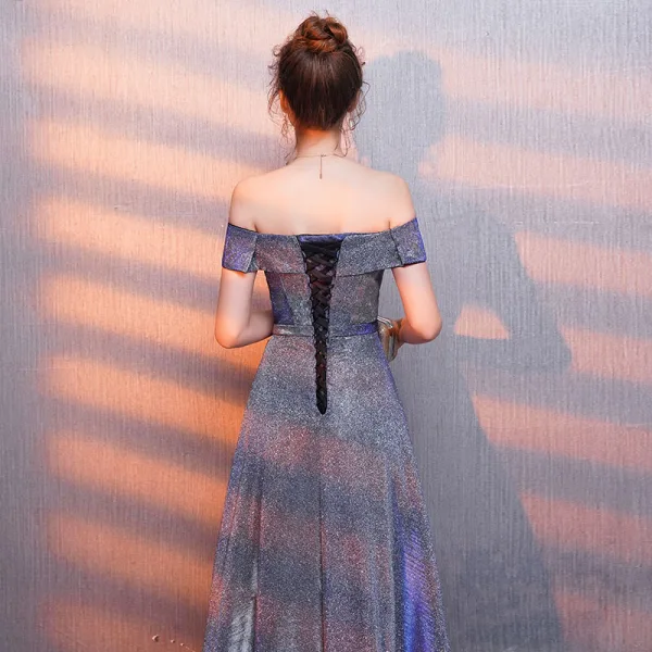 Modern / Fashion Starry Sky Purple Evening Dresses 2019 A-Line / Princess Off-The-Shoulder Glitter Polyester Sash Short Sleeve Backless Floor-Length / Long Formal Dresses