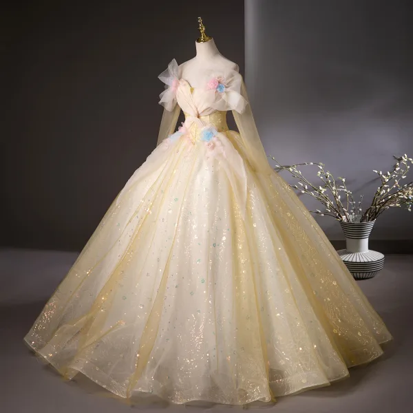 Chic / Beautiful Yellow Appliques Sequins Prom Dresses 2025 Ball Gown Off-The-Shoulder Long Sleeve Backless Floor-Length / Long Prom Formal Dresses