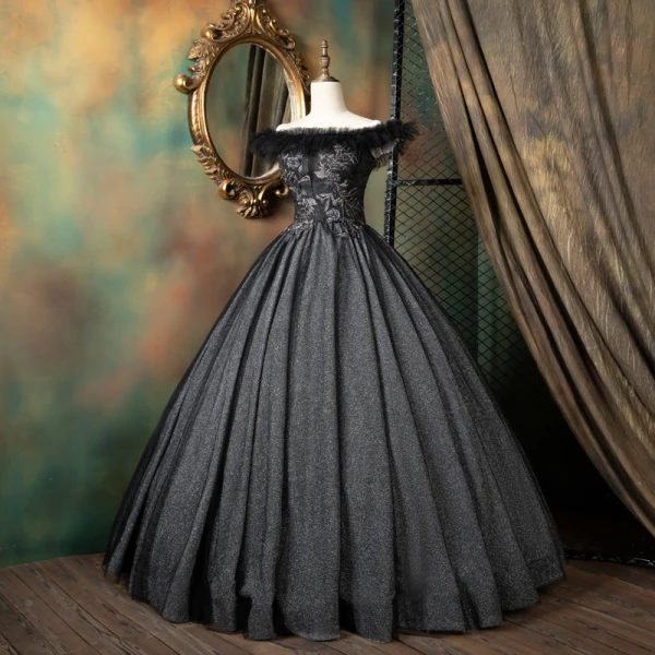 Vintage / Retro Black Quinceañera Prom Dresses 2021 Ball Gown Ruffle Off-The-Shoulder Beading Sequins Lace Flower Sleeveless Backless Floor-Length / Long Formal Dresses