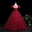 Chic / Beautiful Burgundy Appliques Prom Dresses 2025 Ball Gown Square Neckline Puffy Short Sleeve Backless Floor-Length / Long Formal Dresses