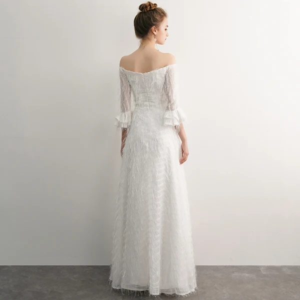 Elegant Ivory Evening Dresses 2019 A-Line / Princess Off-The-Shoulder Tassel 3/4 Sleeve Backless Floor-Length / Long Formal Dresses