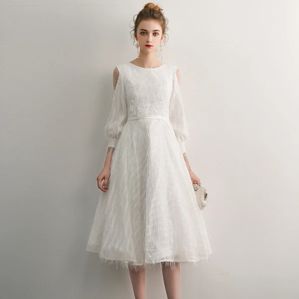 Elegant Ivory Homecoming Graduation Dresses 2019 A-Line / Princess Scoop Neck Tassel 3/4 Sleeve Tea-length Formal Dresses