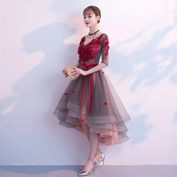 Modern / Fashion Burgundy Cocktail Dresses 2019 A-Line / Princess V-Neck Appliques Bow 1/2 Sleeves Backless Asymmetrical Formal Dresses