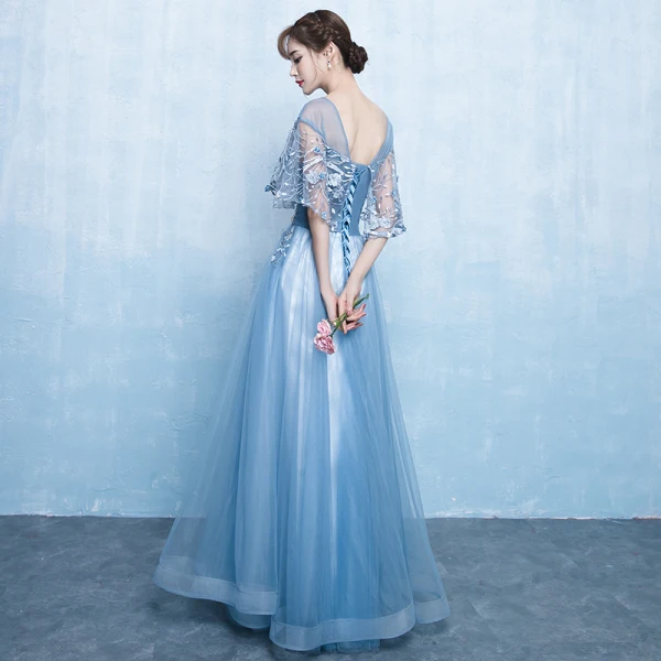 Elegant Pool Blue Prom Dresses 2019 A-Line / Princess Scoop Neck Appliques Lace Flower Pearl 1/2 Sleeves Backless Floor-Length / Long Formal Dresses