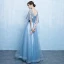 Elegant Pool Blue Prom Dresses 2019 A-Line / Princess Scoop Neck Appliques Lace Flower Pearl 1/2 Sleeves Backless Floor-Length / Long Formal Dresses