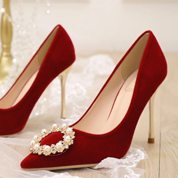 Fashion Red Pearl Rhinestone Wedding Shoes 2021 10 cm Stiletto Heels Pointed Toe Wedding Pumps High Heels