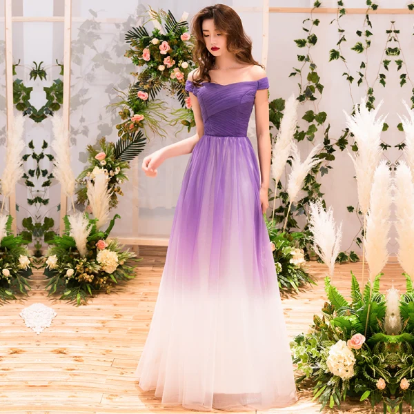 Chic / Beautiful Purple Gradient-Color Evening Dresses 2019 A-Line / Princess Off-The-Shoulder Short Sleeve Backless Floor-Length / Long Formal Dresses