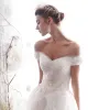 Modern / Fashion Champagne Wedding Dresses 2019 A-Line / Princess Off-The-Shoulder Beading Lace Flower Short Sleeve Backless Royal Train