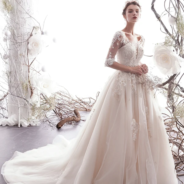 Elegant Champagne Wedding Dresses 2019 A-Line / Princess Scoop Neck Beading Lace Flower Appliques 1/2 Sleeves Backless Chapel Train