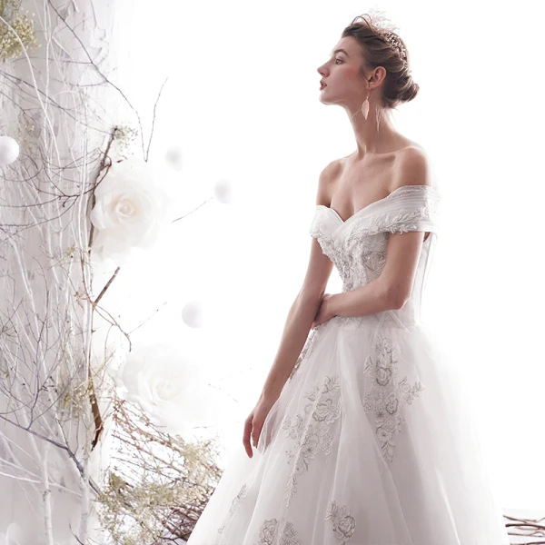 Elegant Ivory 2019 Wedding Dresses A-Line / Princess Off-The-Shoulder Beading Sequins Lace Flower Short Sleeve Backless Royal Train