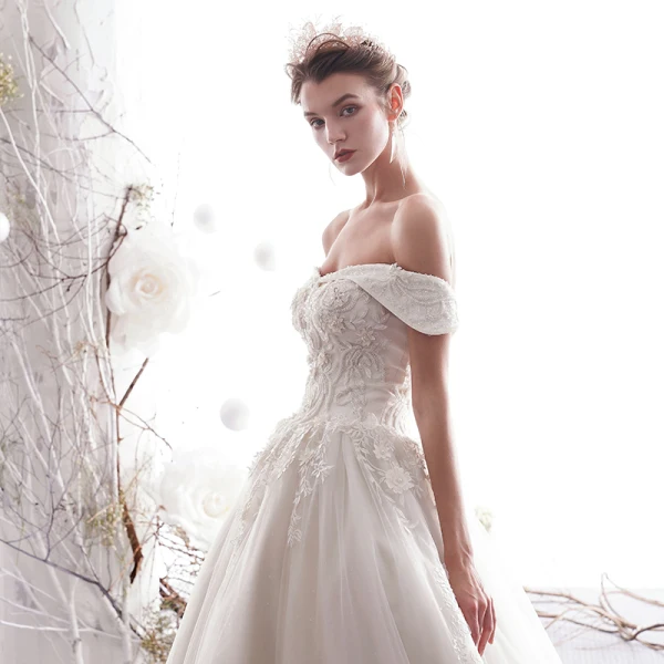 Elegant Ivory Wedding Dresses 2019 A-Line / Princess Off-The-Shoulder Beading Lace Flower Short Sleeve Backless Cathedral Train