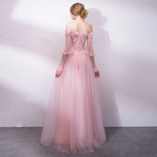 Chic / Belle Perle Rose Robe De Soirée 2018 Princesse Paillettes Appliques De l'épaule Dos Nu Manches Courtes Longue Robe De Ceremonie