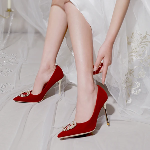 Piękne Czerwone Perła Rhinestone Buty Ślubne 2021 10 cm Szpilki Szpiczaste Ślub Czółenka Wysokie Obcasy