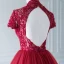 Chic / Belle Bordeaux Robe De Bal 2018 Princesse Fait main Perlage Paillettes En Dentelle Fleur Col Haut Manches Courtes Dos Nu Longueur Cheville Robe De Ceremonie