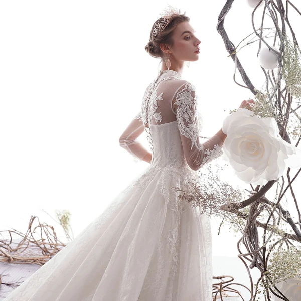 Elegant Ivory Wedding Dresses A-Line / Princess 2019 High Neck Beading Lace Flower 3/4 Sleeve Chapel Train