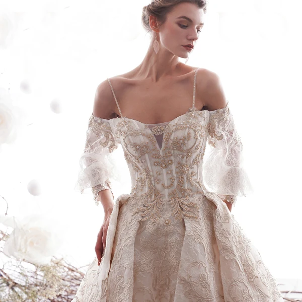 Luxury / Gorgeous Champagne Wedding Dresses 2019 A-Line / Princess Spaghetti Straps Beading Crystal Lace Flower 3/4 Sleeve Backless Royal Train