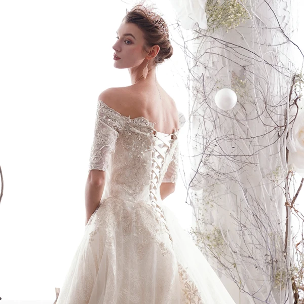 Luxury / Gorgeous Ivory Wedding Dresses 2019 A-Line / Princess Off-The-Shoulder Beading Lace Flower Short Sleeve Backless Royal Train