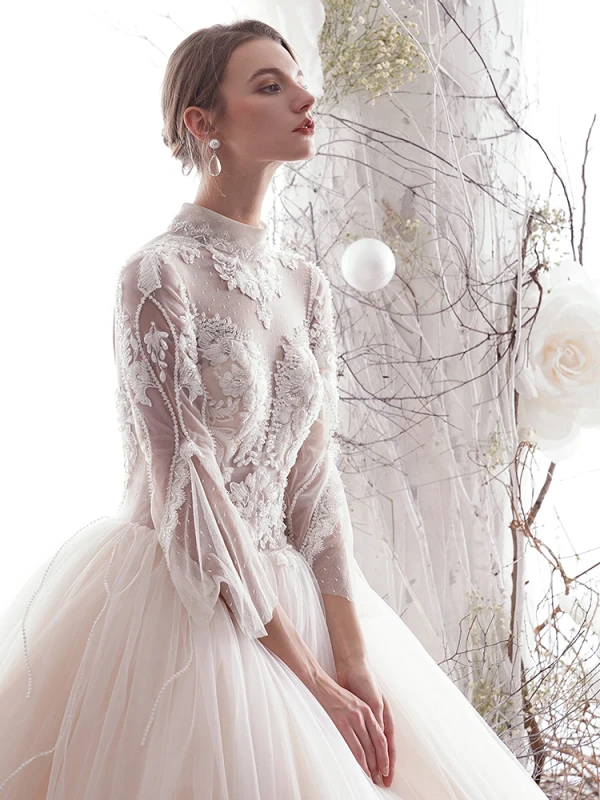 Chic / Beautiful Champagne 2019 Wedding Dresses A-Line / Princess High Neck Lace Flower Beading Crystal 3/4 Sleeve Backless Floor-Length / Long