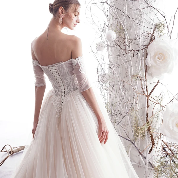 Chic / Beautiful Ivory Wedding Dresses 2019 A-Line / Princess Off-The-Shoulder Beading Lace Flower Short Sleeve Backless Floor-Length / Long