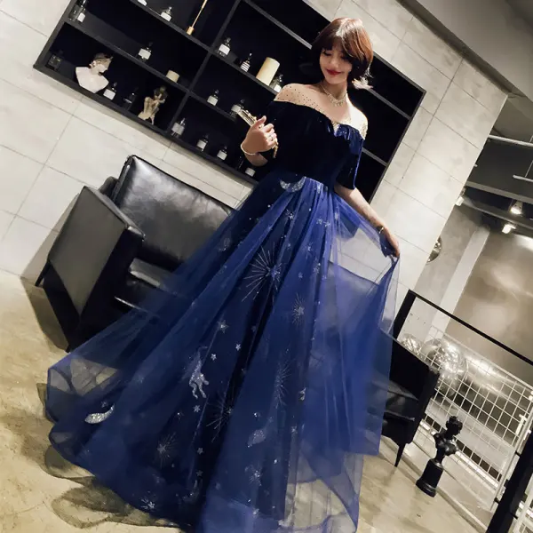 Modern / Fashion Navy Blue Evening Dresses 2019 A-Line / Princess V-Neck Glitter Star Rhinestone 1/2 Sleeves Backless Floor-Length / Long Formal Dresses