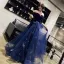 Modern / Fashion Navy Blue Evening Dresses  2019 A-Line / Princess V-Neck Glitter Star Rhinestone 1/2 Sleeves Backless Floor-Length / Long Formal Dresses