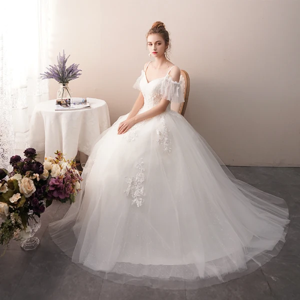 Charming Ivory Wedding Dresses 2019 A-Line / Princess Spaghetti Straps Beading Lace Flower Short Sleeve Backless Floor-Length / Long