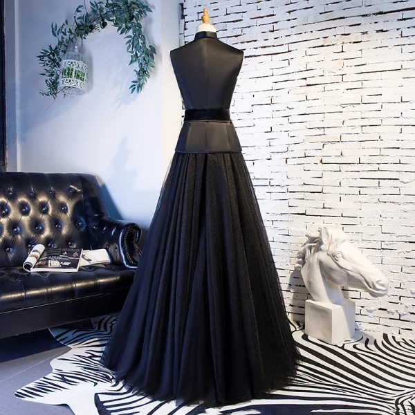 Vintage / Retro Black Prom Dresses 2019 A-Line / Princess V-Neck Sash Sleeveless Floor-Length / Long Formal Dresses