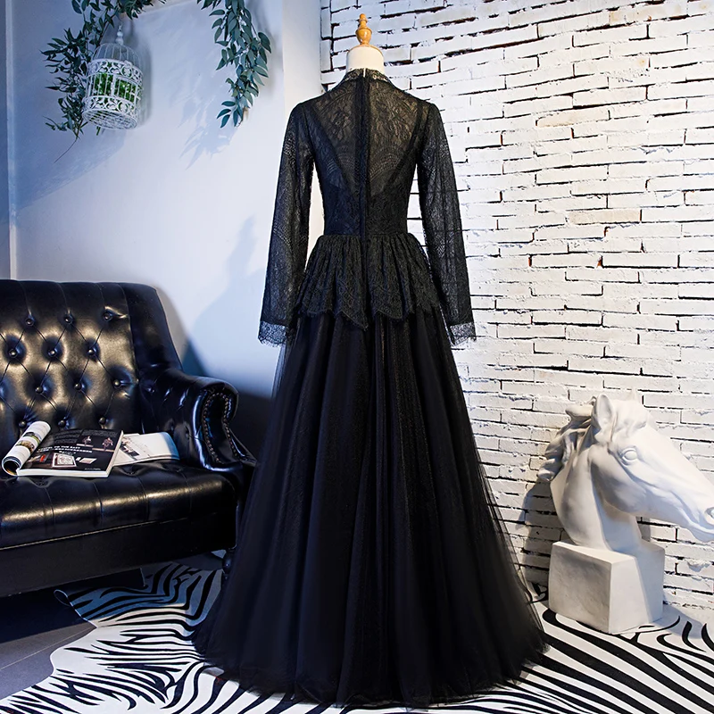Elegant Vintage / Retro Black Prom Dresses 2019 A-Line / Princess Scoop Neck Lace Tassel Long Sleeve Floor-Length / Long Formal Dresses Elegant Vintage / Retro Black Prom Dresses 2019 A-Line / Princess Scoop Neck Lace Tassel Long Sleeve Floor-Length / Long Formal Dresses