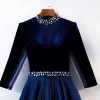 Elegant Royal Blue Evening Dresses  2019 A-Line / Princess Scoop Neck Beading Crystal 3/4 Sleeve Floor-Length / Long Formal Dresses