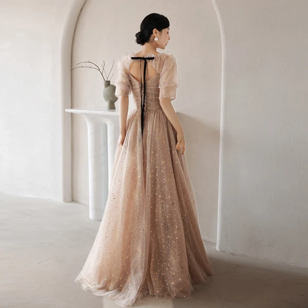 Charming Champagne Star Sequins Prom Dresses 2021 A-Line / Princess Square Neckline Short Sleeve Backless Bow Floor-Length / Long Formal Dresses