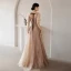 Charming Champagne Star Sequins Prom Dresses 2021 A-Line / Princess Square Neckline Short Sleeve Backless Bow Floor-Length / Long Formal Dresses