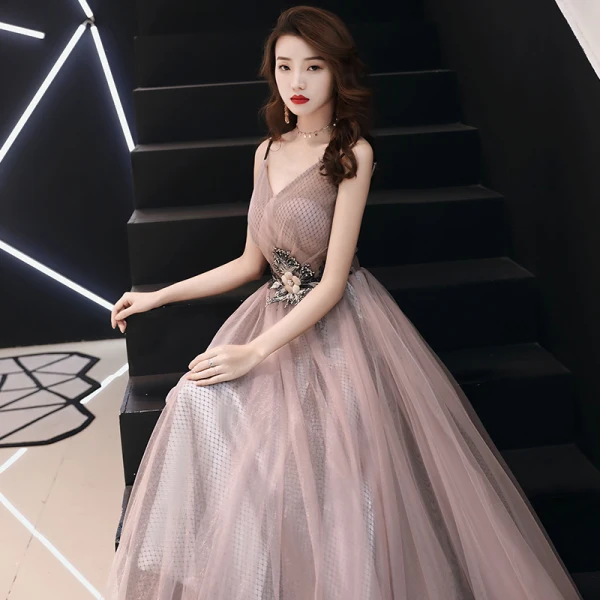 Modern / Fashion Blushing Pink Evening Dresses 2019 A-Line / Princess Appliques Lace Spaghetti Straps Sleeveless Backless Floor-Length / Long Formal Dresses