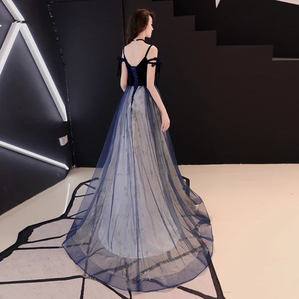 Elegante Marineblau Abendkleider 2019 A Linie Spaghettiträger Wildleder Spitze Star Ärmellos Rückenfreies Sweep / Pinsel Zug Festliche Kleider