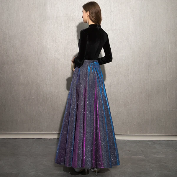 Sjarmerende Svart Stjernehimmelen Selskapskjoler 2019 Prinsesse Høy Hals Suede Glitter Polyester 3/4 Ermer Lange Formelle Kjoler