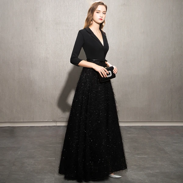 Élégant Noire Robe De Soirée 2019 Princesse V-Cou Noeud Paillettes Gland 3/4 Manches Longue Robe De Ceremonie